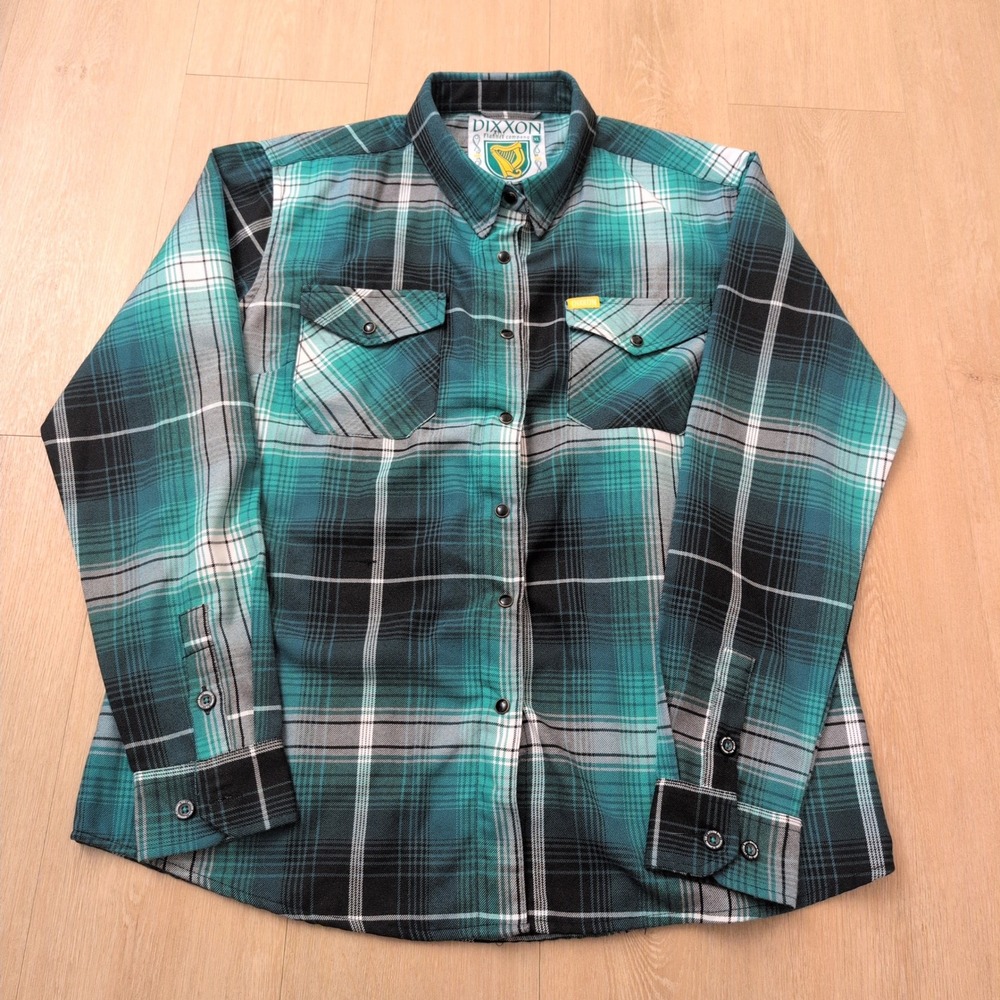 Dixxon Flannel Company Mens XL The Reilly Green Teal Black Plaid D-Tech Shirt